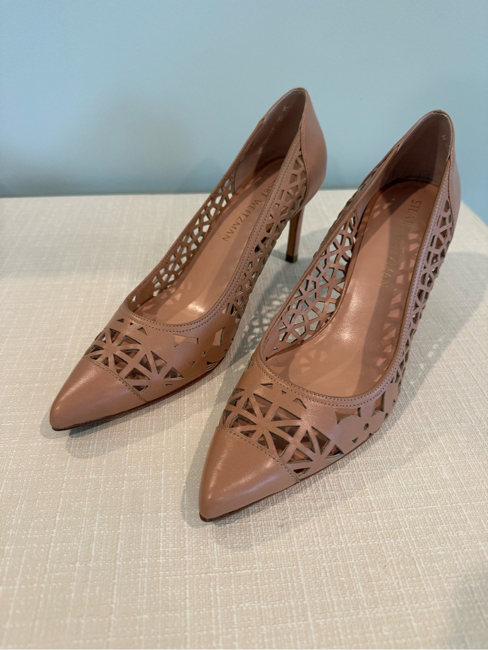 Stuart Weitzman Blush Tan Laser-Cut Leather Pointed Pumps